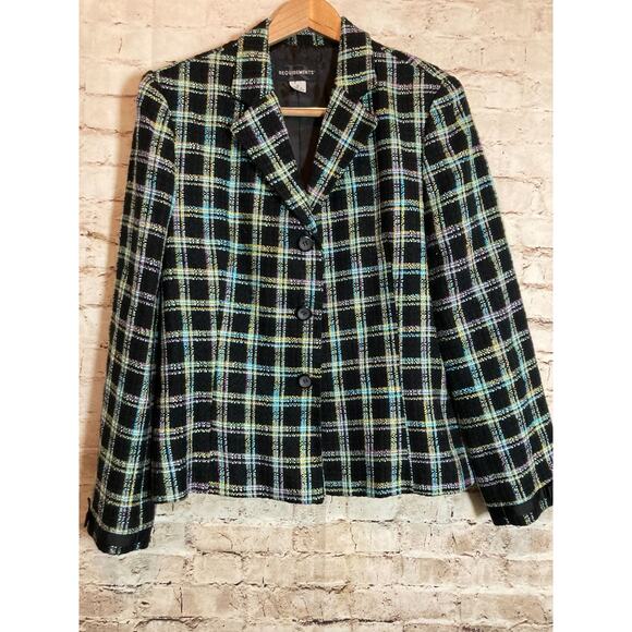 Requirements Tweed Blazer Jacket Womens 16 Turquoise Plaid Button Front Preppy - Picture 1 of 11